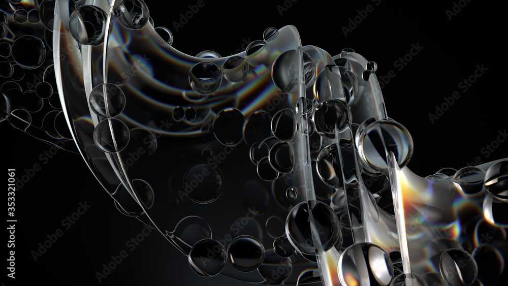 Aufkleber smooth 3d render of twisted glass shapes on dark background with dispersion effect.