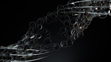 Smooth 3d render of twisted glass shapes on dark background with dispersion effect.