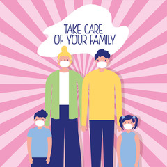 parents couple with kids using face masks