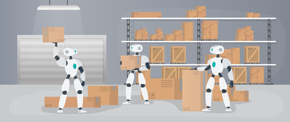 Robots work in a manufacturing warehouse. Robots carry boxes and lift the load. Futuristic concept of delivery, transportation and loading of goods. Large warehouse with boxes and pallets. Vector.