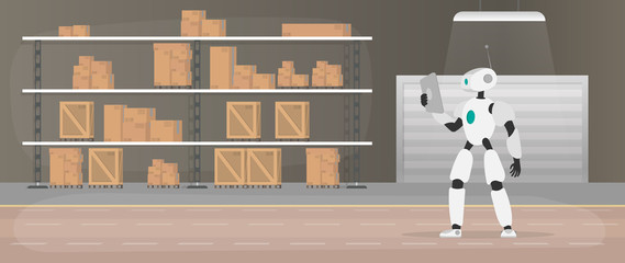 Robot in the production warehouse. The robot is holding a tablet. Futuristic concept of delivery, transportation and loading of goods. Large warehouse with drawers and pallets. Vector.