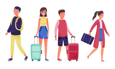 Man and Woman Tourists with Luggage Bags and Backpacks Travelling Vector Illustrations Set