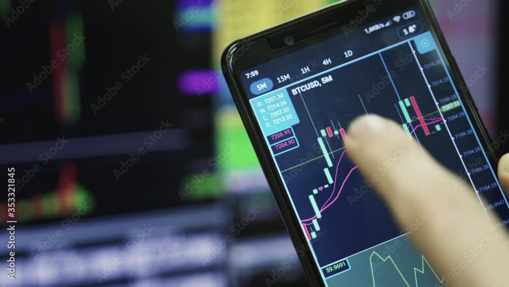 Poster stock market graph appears on a phone in a diagonal plan. approach movement. stock market graph conc
