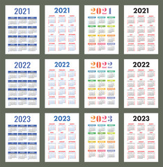 Calendar 2021, 2022 and 2023. English color vector set. Vertical wall or pocket calender template. Golorful big design collection. New year. Week starts on Sunday