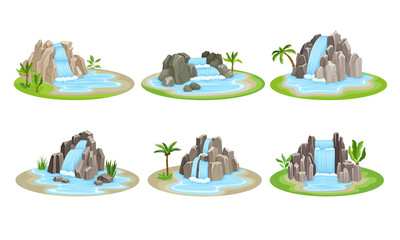Tropical Waterfall Сascade on Green Rounded Island Spot Vector Set © Happypictures