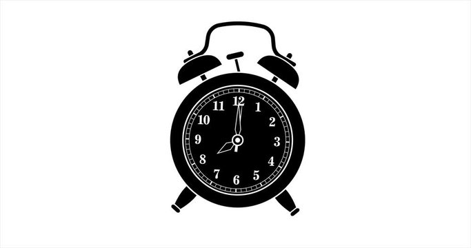 Animation of ringing black silhouette vintage alarm clock at eight hours wake up. 4K vector video motion clip