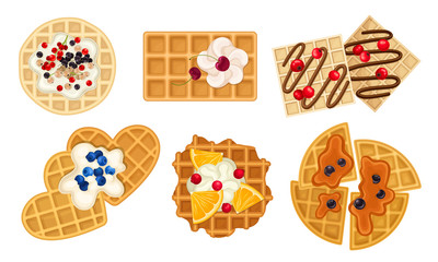 Waffles with Textured Surface and Sweet Topping with Berries and Whipped Cream Vector Set