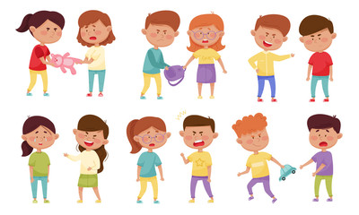 Bullying Children Characters Abusing and Treating Badly Another Kids Vector Illustrations Set