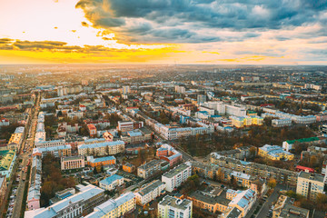Obraz premium Gomel, Belarus. Aerial View Of Homiel Cityscape Skyline In Autumn Evening. Residential District During Sunset. Bird's-eye View