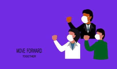 business people team wearing medical mask, fighting and moving forward together concept during COVID-19 or corona virus epidemic