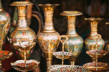 Goa, India. Indian Eastern Jugs On Local Goa Market. Popular Souvenirs From India. Market Of...