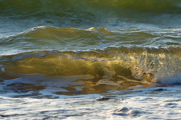 Sea or ocean, waves close-up view. Green - yellow waves sea water