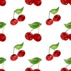 Watercolor pattern of cherry. Hand-drawn illustration isolated on the white background.