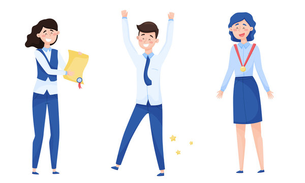 Young Woman Holding Winner Certificate and Man Raising His Hands Up with Joy Vector Illustrations Set