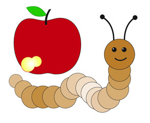 Large red apple that has been slightly eaten by a happy brown caterpillar / worm