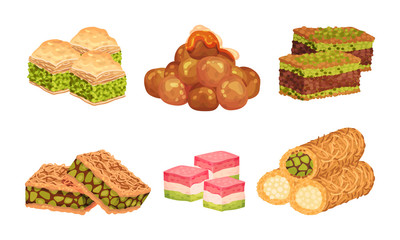 Turkish Delights or Arabic Sweets with Famous Baklava and Rahat Lakoum Vector Set