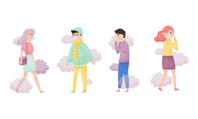 Fototapeta premium People Characters Wearing Face Mask or Respiratory Mask Walking Among Smoke Cloud Vector Illustrations Set