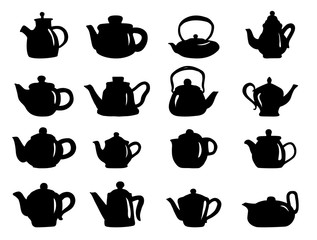 Set of hand draw isolated teapot. Black color. Icon silhouette kettles, coffee pot. Vector illustration.