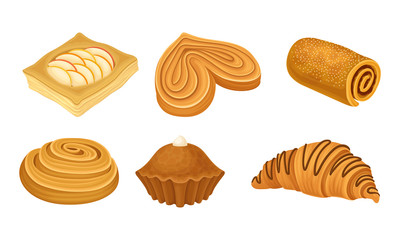 Flour Confectionery or Pastry with Sweet Wheat Bun and Baked Roll with Jam and Curd Vector Set