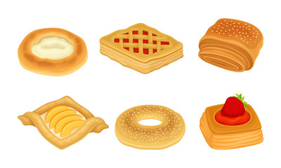 Flour Confectionery or Pastry with Sweet Wheat Bun and Baked Roll with Jam and Curd Vector Set