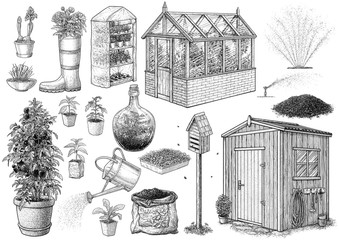 Gardening tool collection, illustration, drawing, engraving, ink, line art, vector