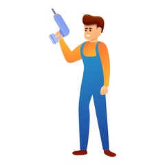 Repairman with hand drill icon. Cartoon of repairman with hand drill vector icon for web design isolated on white background