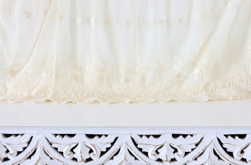background Image of vintage table and lace fabric in front of white wall. ready for product display