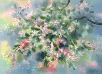 Fototapeta na wymiar Flowering tree branches in spring watercolor background