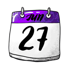 Calendar with the date of June 27 on a white background. Holiday World Fisheries Day, Youth Day of Russia, Day of the National Anthem of Canada. Vector illustration