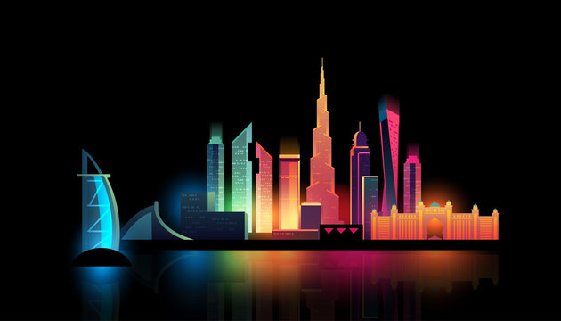 Dubai City night skyline with colorful lights reflection in water. Vector illustration