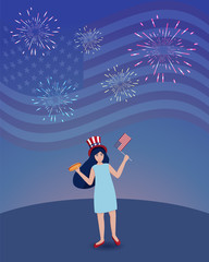 USA Independence Day Poster. American Kid or Teenager Celebrates 4th of July. Patriotic Girl in Uncle Sam Hat Holds USA Flag and Hot Dog. Festive Fireworks in the Sky. Flat Vector Illustration