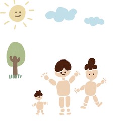 Kid drawing style , naked family cartoon characters in natural