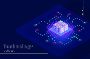 Datacenter server room cloud storage technology and big data processing Protecting data security concept. digital information. isometric.