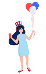 American Kid or Teenager Celebrates 4th of July. Independence Day Activities. Patriotic Girl in Uncle Sam Hat Holds Balloons in USA Flag Colors and Cup. Flat Vector Isolated Illustration