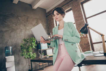 Profile photo of beautiful business lady hold notebook chatting colleagues corporate report...