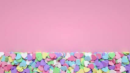 Fototapeta na wymiar Pastel Colorful Heart Candies Isolated On The Pink Abstract Background - Valentine's Day - 3D Illustration 