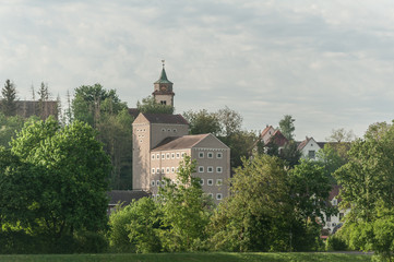 Fototapeta na wymiar Ortsbild Reutlingen-Mittelstadt mit Kirche und Häuserzeile und Bäumen