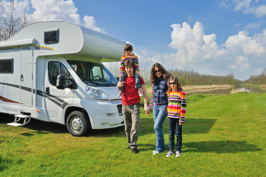 Family Vacation, RV Travel With Kids, Happy Parents With Children On Holiday Trip In Motorhome, Camper Exterior
