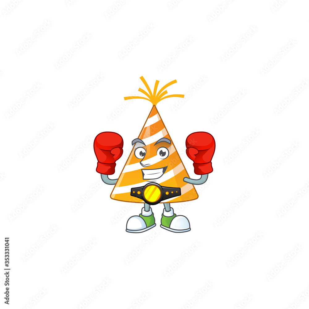 Poster Caricature picture of yellow party hat boxing athlete on the arena