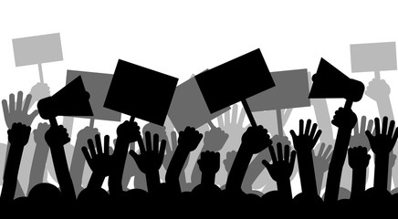 Political protest with silhouette protesters hands holding megaphone. Vector