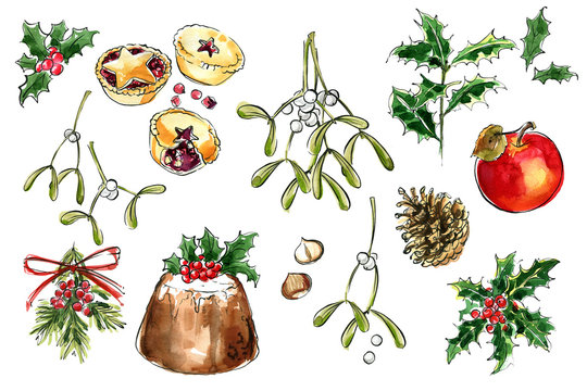 Christmas decor. Food Sketch watercolor and ink. Pudding, tart, apple, mistletoe, holly, mince pies