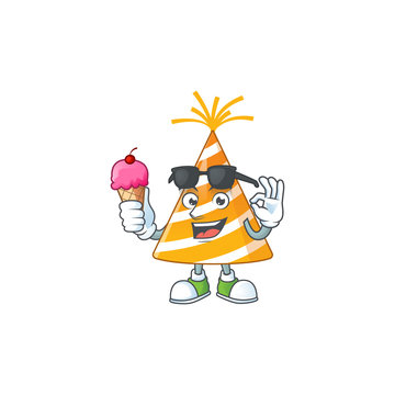 Happy face of yellow party hat cartoon mascot having an ice cream