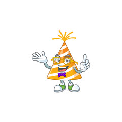 Cartoon character design of nerd yellow party hat with weird glasses