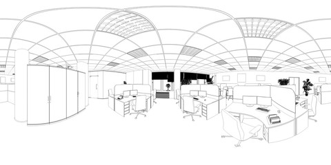 spherical panorama of the interior, contour visualization, 3D illustration, sketch, outline