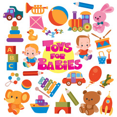Fototapeta premium set of toys for young children, isolated object on a white background, vector illustration,