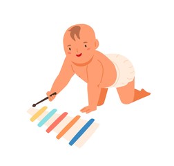Smiling toddler playing on wooden xylophone vector flat illustration. Cute little child in diaper enjoying sound of toy musical instrument isolated on white background. Joyful baby having fun