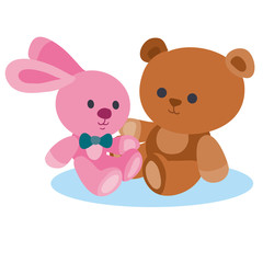 plush toys teddy bear and bunny, flat, isolated object on a white background, vector illustration,