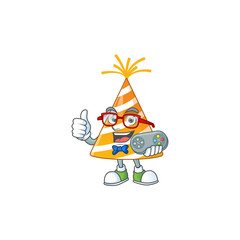 Cartoon mascot design of yellow party hat play a game with controller