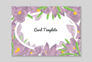 Rectangular card frame with violet hand drawn crocus flower arrangement. Greeting card template. Vector