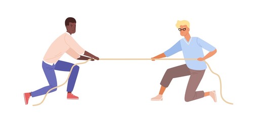 Battle between black skin man and european guy vector flat illustration. Two male fight for rights pulling opposite ends of rope isolated on white background. Modern people resistance to leadership